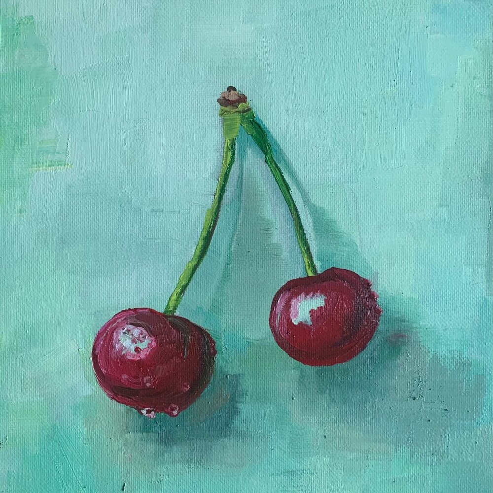 Original Oil Painting Still Life Fruit Cherries Mint Green Red Wall Art Signed